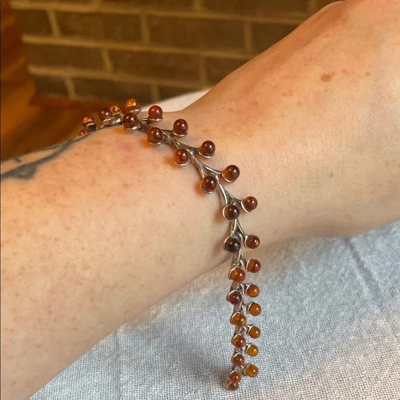 Vintage Old Pawn .925 Sterling Silver and Baltic Amber Organic Floral Bracelet - Picture 9 of 10